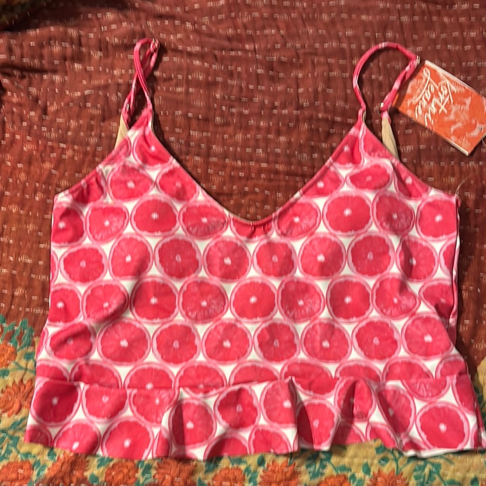 Kortni Jeane Pink Citrus Print Ruffle Trim Swim Top